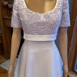 Purple Satin Empire Floor Length Short Sleeve Wedding Dress Bridal Gown Size 14